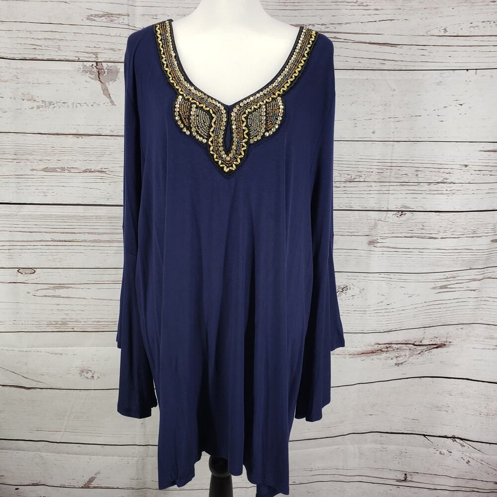 ROAMAN'S Women's Navy Blue Beaded Front Bell Sleeve Top Blouse Size 1X - Picture 2 of 12
